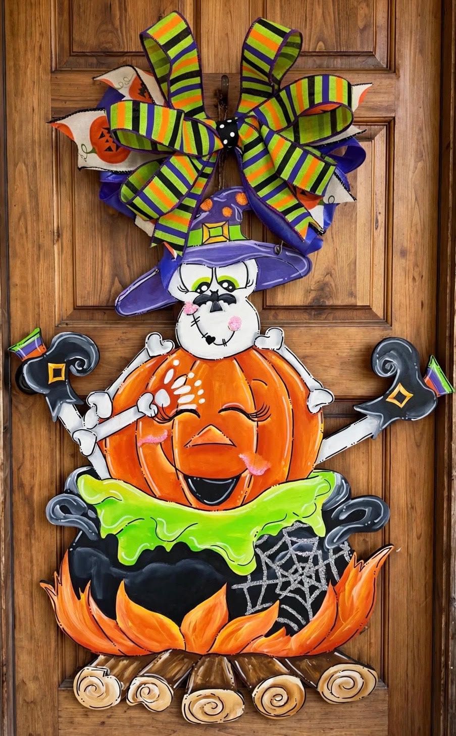 Halloween "Skelly Belly" Skeleton with Cauldron Door Hanger