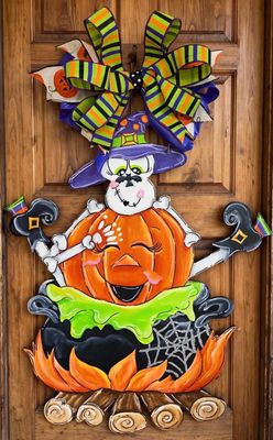 Halloween "Skelly Belly" Skeleton with Cauldron Door Hanger
