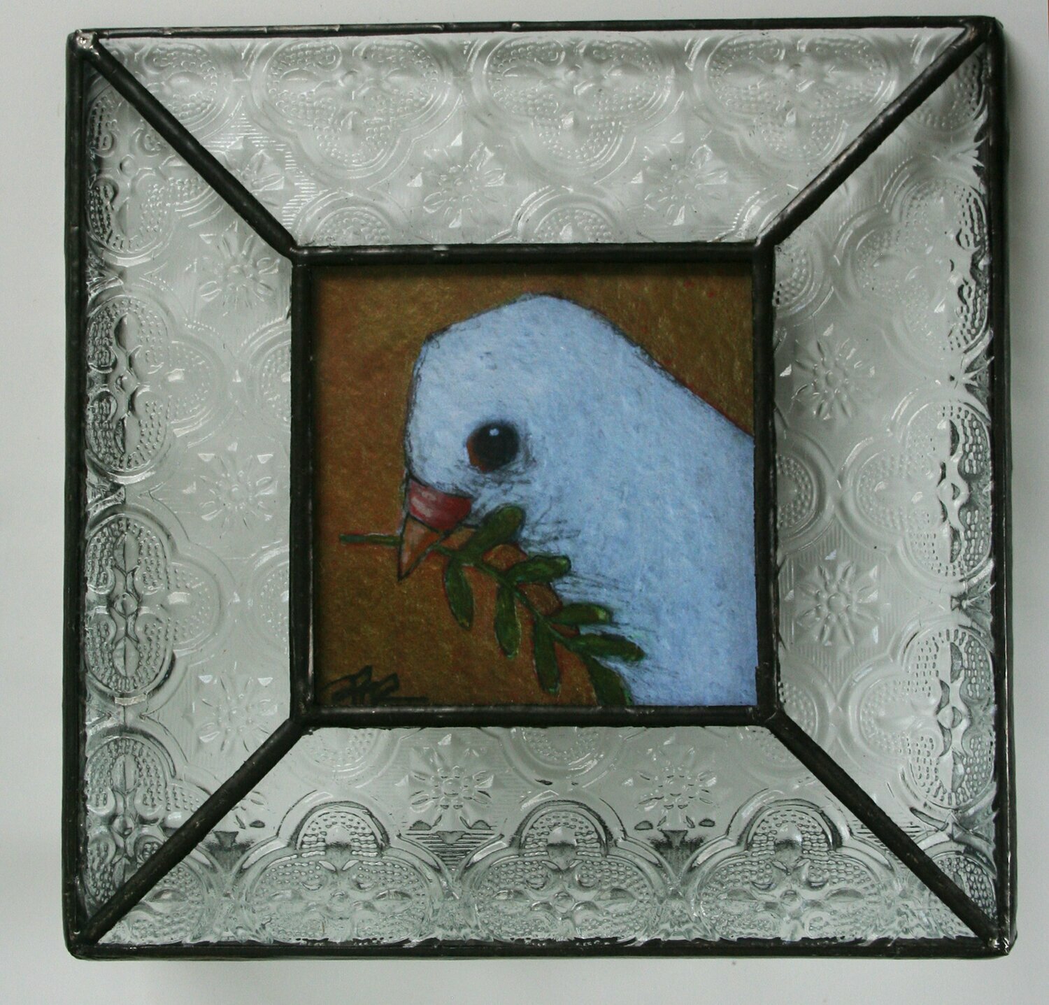 dove of peace white dove bird 3x3" a2n2koon print in stained glass clear vintage-style stand-up frame.  limited edition. comes in gift box.