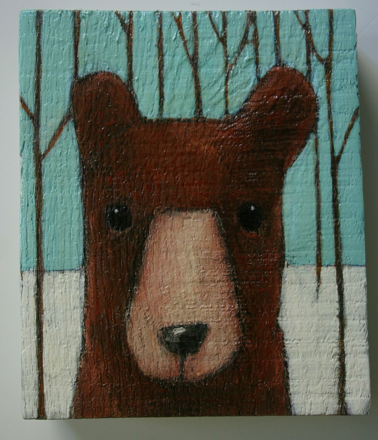 bear in snowy forest painting original a2n2koon wall art on reclaimed wood block brown bear winter trees woods whimsical bear artwork kids