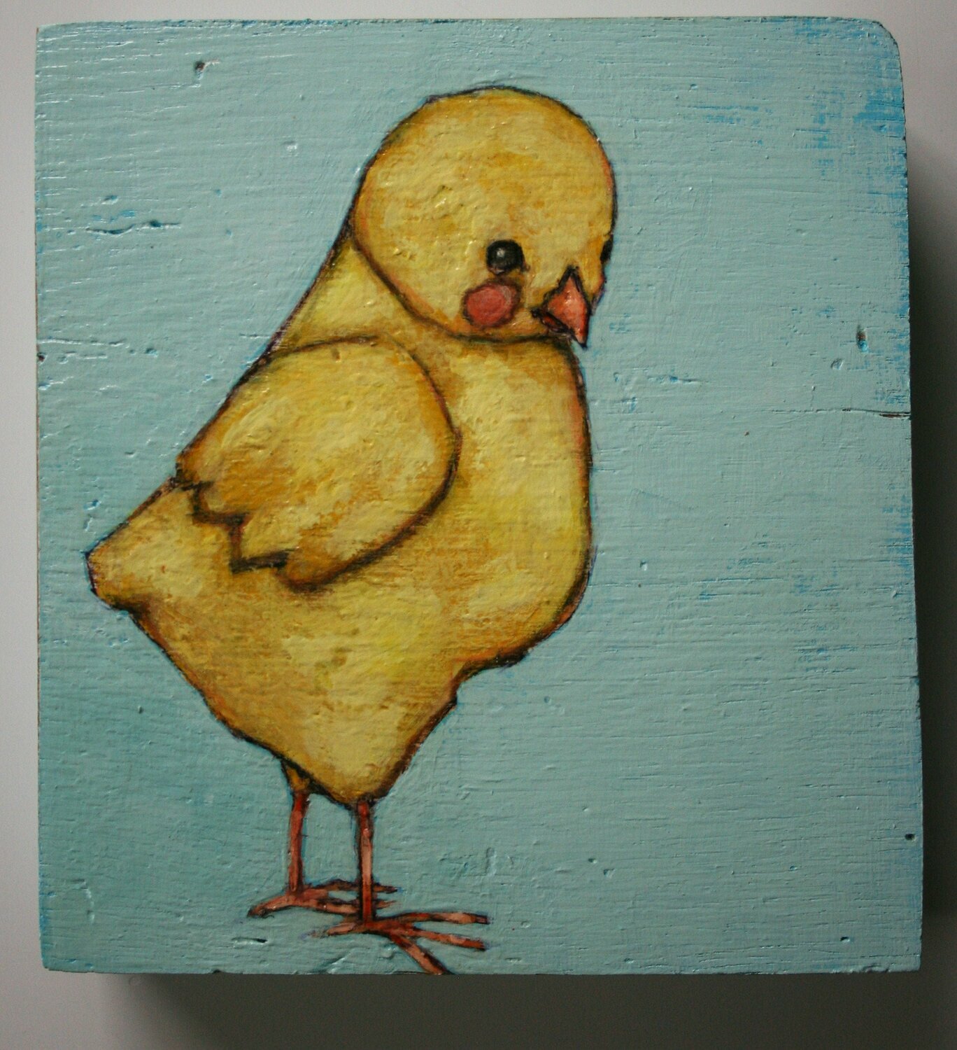 baby chicken yellow chick painting original a2n2koon wall art on thick block of reclaimed wood whimsical chicken artwork for nursery room