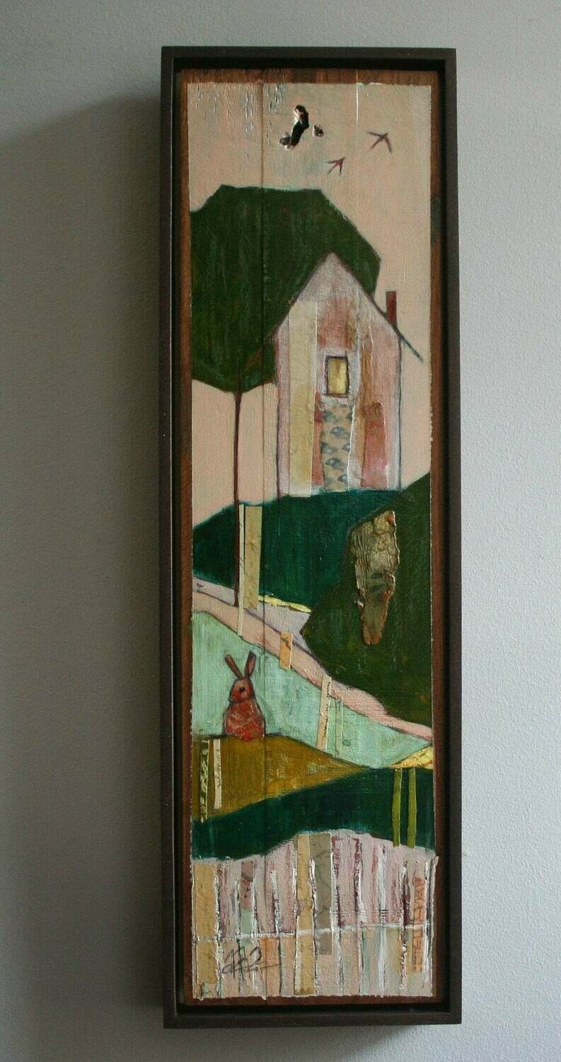 home on a hillside rabbit birds tree original a2n2koon painting 23x7x1.5" handcrafted wood frame sunset house bunny wall art vintage paper