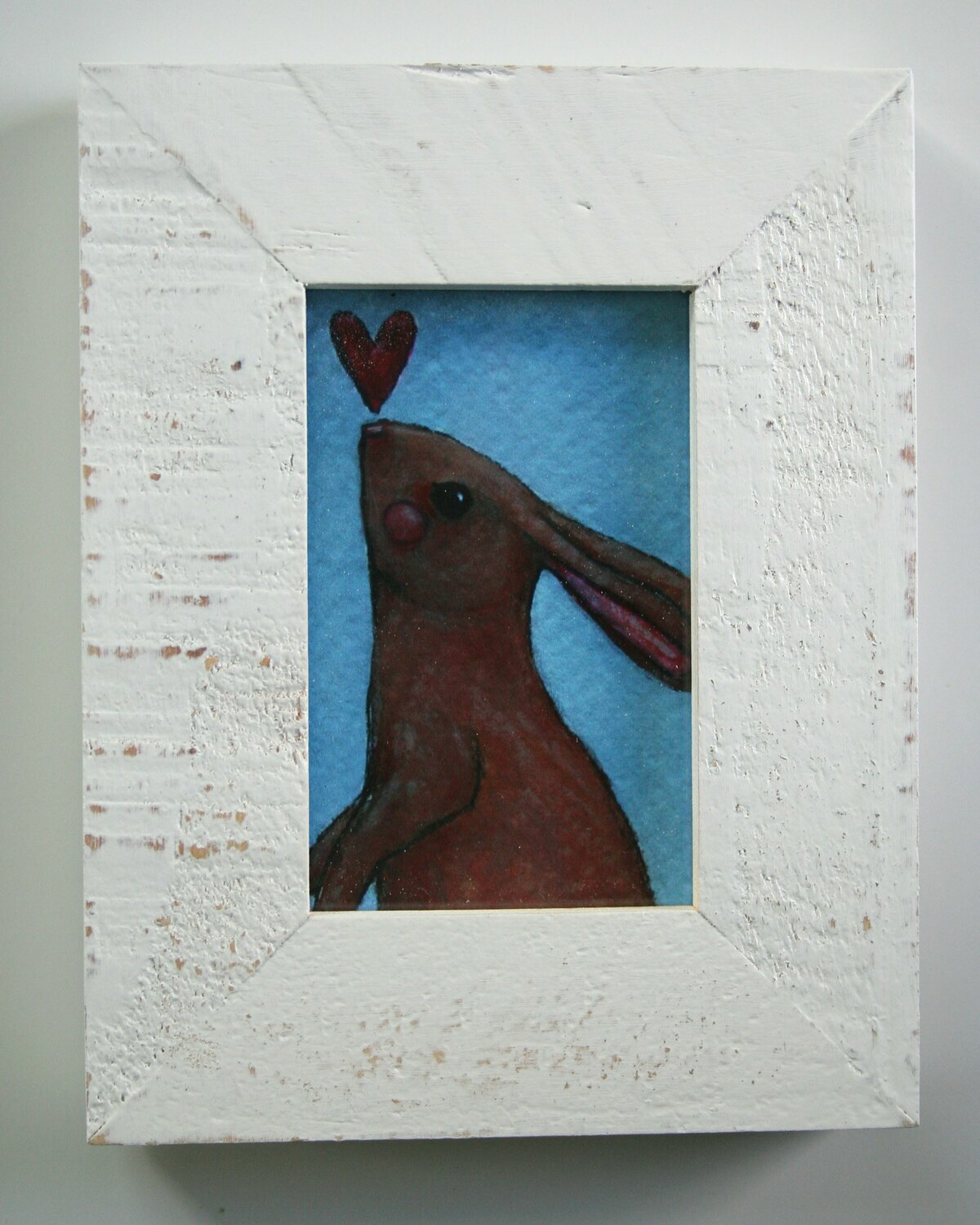 bunny with heart 2x3" a2n2koon giclee print framed in distressed white wood stand-up frame miniature cute rabbit artwork comes in gift box