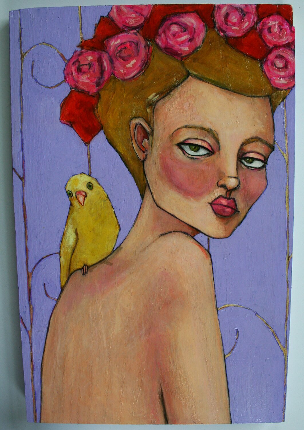 portrait of woman female girl with yellow parakeet bird original a2n2koon painting wall art on reclaimed wood nude female figure artwork