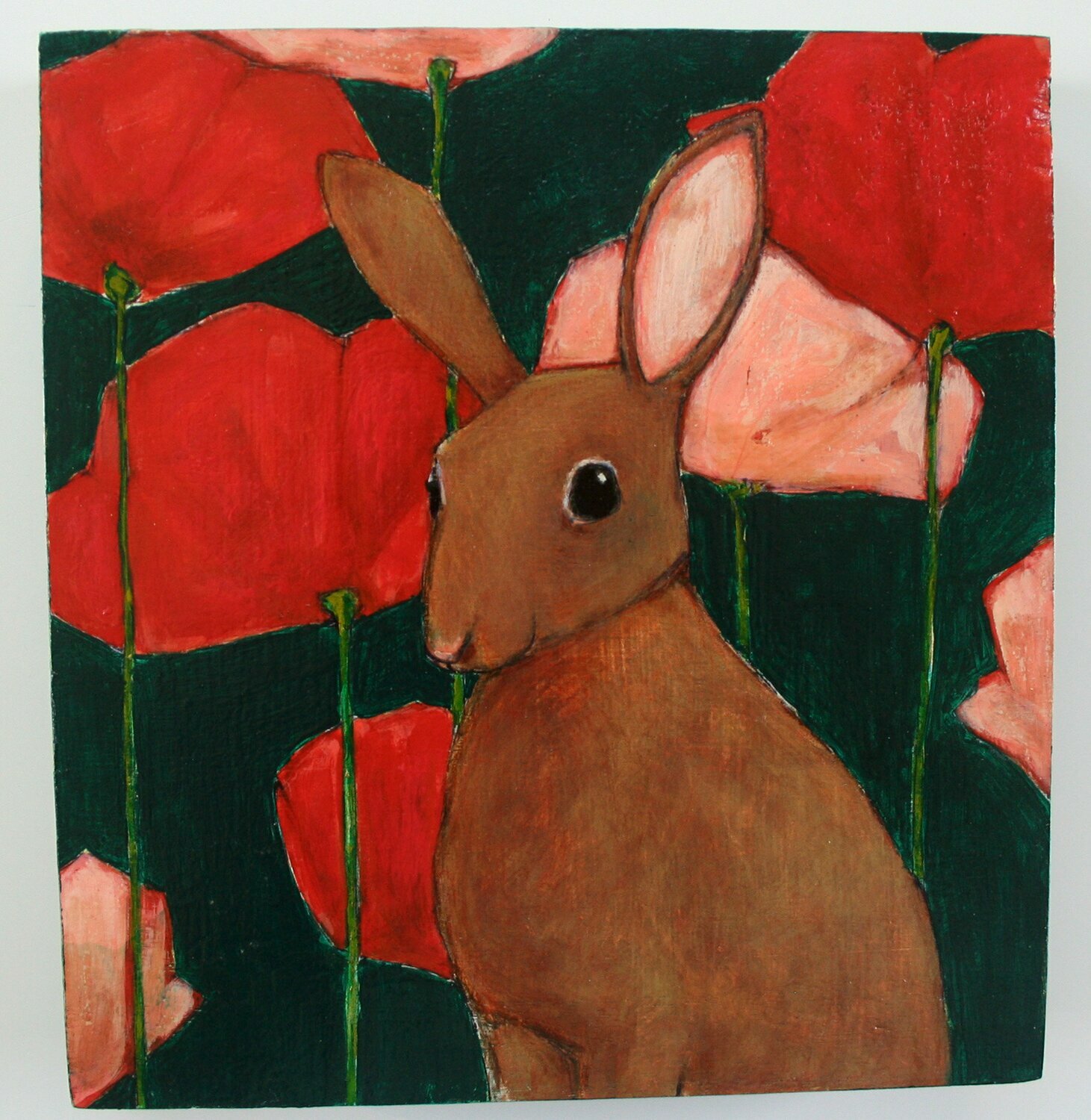 bunny rabbit in flowers painting original a2n2koon wall art on reclaimed wood rabbit in poppies textural artwork on wood red pink brown teal