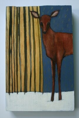 deer in winter forest snow trees painting original a2n2koon wall art on reclaimed wood doe deer twilight artwork gold perwinkle blue stars
