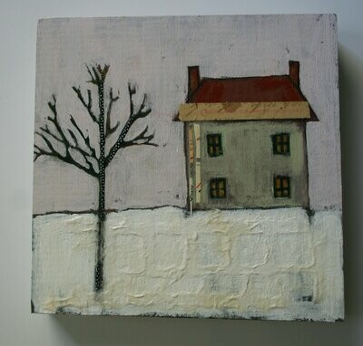 house in snowy landscape painting original a2n2koon wall art on reclaimed wood mixed media winter scene small art home in the snow artwork