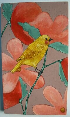 original yellow bird on branch pink & red flowers painting a2n2koon wall art on reclaimed wood whimsical textural bird wisteria tone artwork