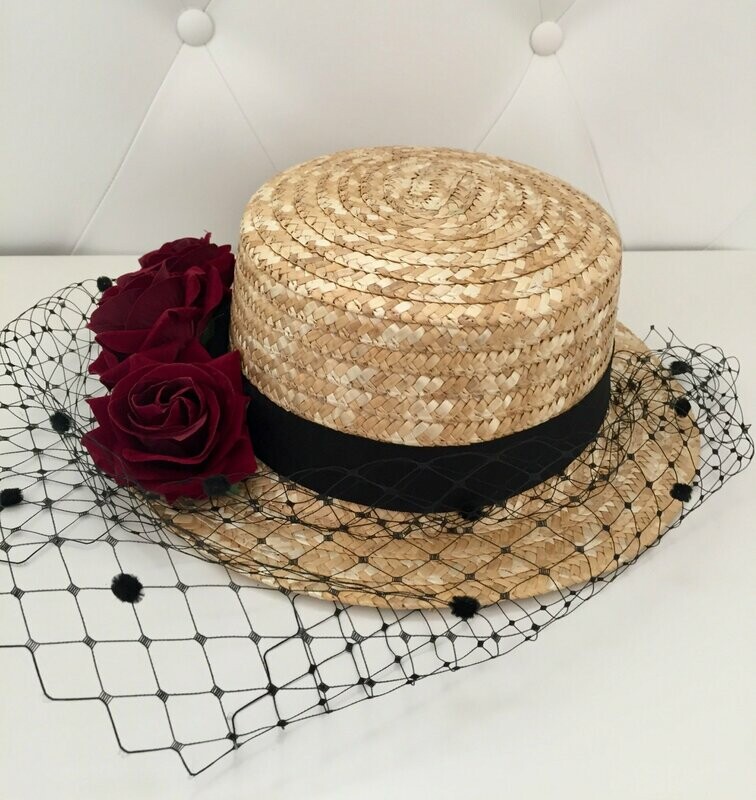 Canotier velo rejilla rosas velvet