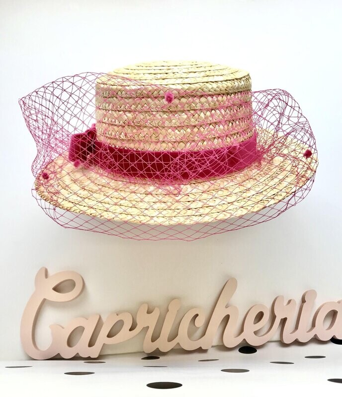 Straw hat fuchsia veil