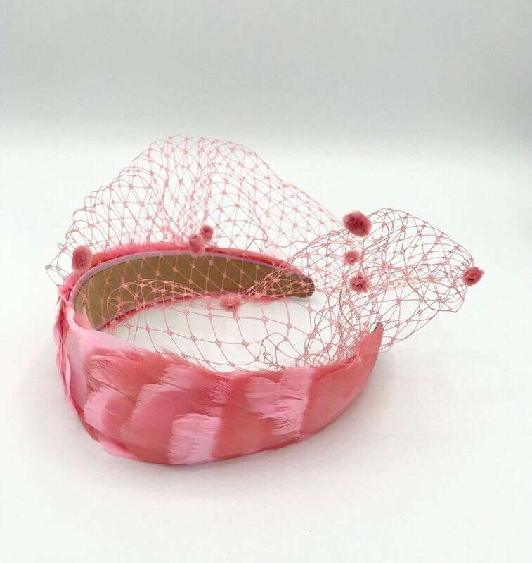 Tocado plumas coral y rosa