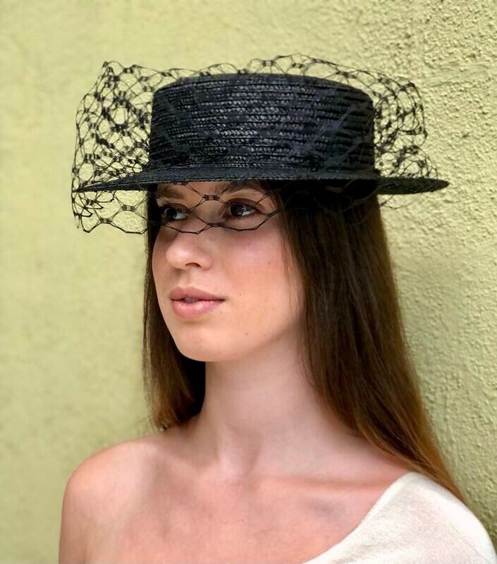 Black straw hat with veil