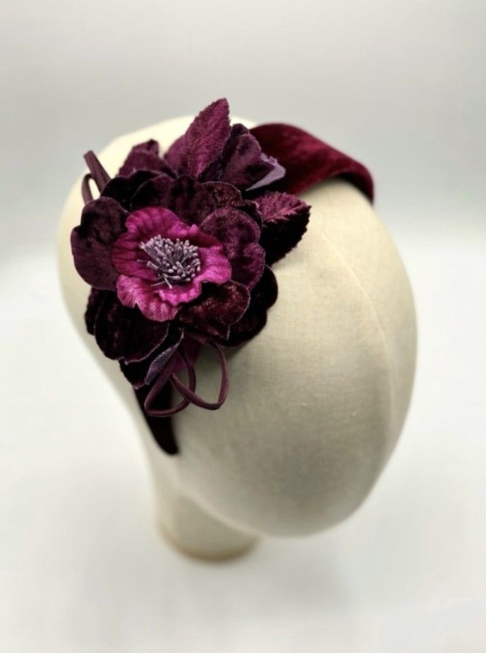 Burgundy velvet width headband flower