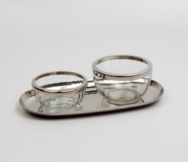 Schalenset für Nüsse Edelstahl vernickelt, Glas HxBxT 6.5 x 25.5 x 12.8 cm Schalenset für Nüsse Edelstahl vernickelt, Glas HxBxT 6.5 x 25.5 x 12.8 cm