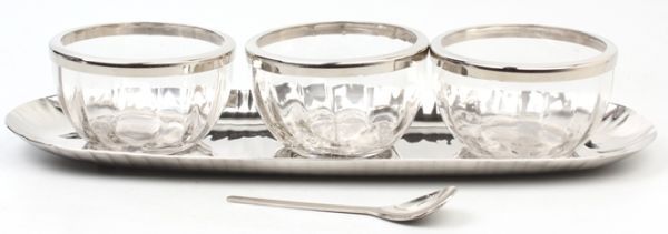 3er Set Schalen auf Tablett mit Löffeln Messing vernickelt HxBxT 7 x 38 x 13 cm