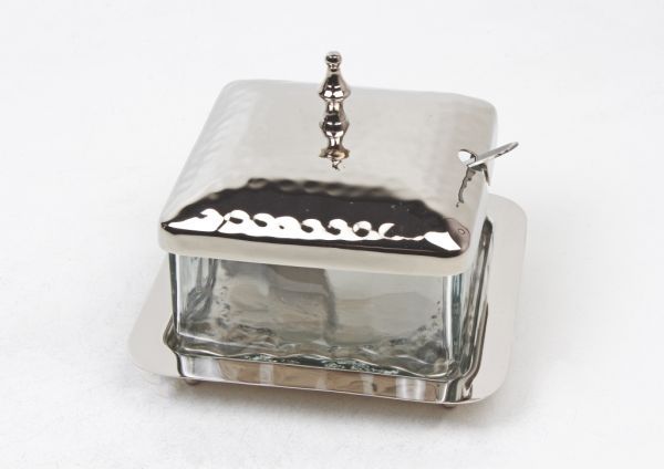 Butterdose Messing vernickelt, Glas HxBxT 11.5 x 13.8 x 13.8 cm Butterdose Messing vernickelt, Glas HxBxT 11.5 x 13.8 x 13.8 cm