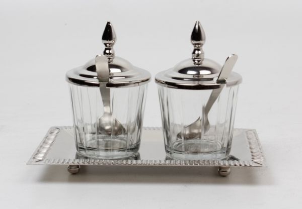 Geleedosen auf Tablett Edelstahl vernickelt, Glas HxBxT 11 x 18 x 12 cm Geleedosen auf Tablett Edelstahl vernickelt, Glas HxBxT 11 x 18 x 12 cm