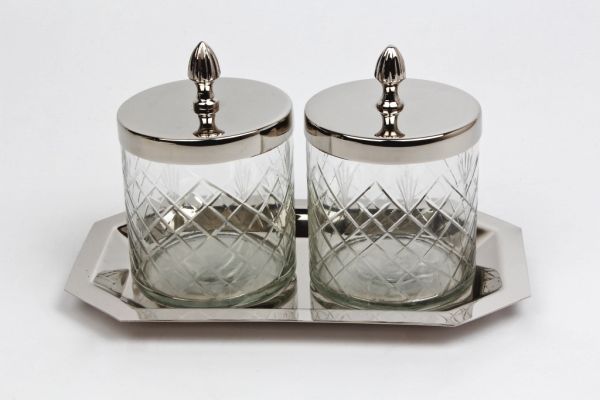Geleedosenset auf Tablett Edelstahl vernickelt, Glas HxBxT 12.5 x 21.4 x 11.5 cm Geleedosenset auf Tablett Edelstahl vernickelt, Glas HxBxT 12.5 x 21.4 x 11.5 cm