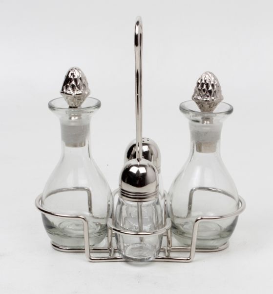 Menage Set, Essig, Öl, Salz & Pfeffer Edelstahl vernickelt , Glas HxBxT 13.5 x 21.5 x 22.5 cm Menage Set, Essig, Öl, Salz & Pfeffer Edelstahl vernickelt , Glas HxBxT 13.5 x 21.5 x 22.5 cm