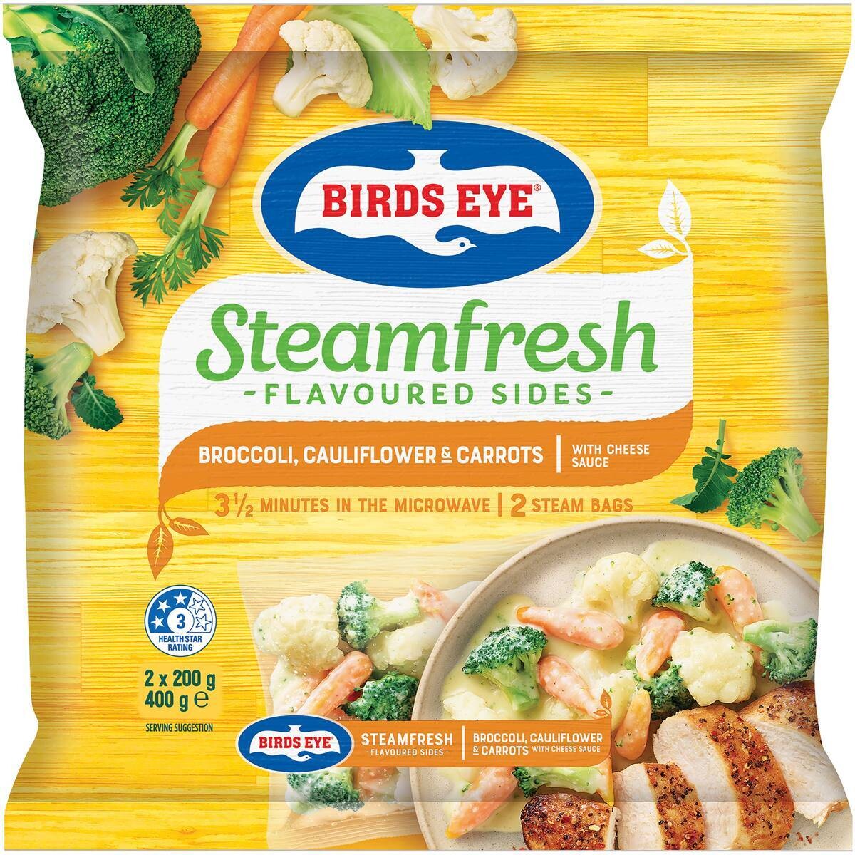 Birds Eye Steam Fresh Flavoured Sides Broccoli, Cauliflower & Carrots With Cheese Sauce 2x200g