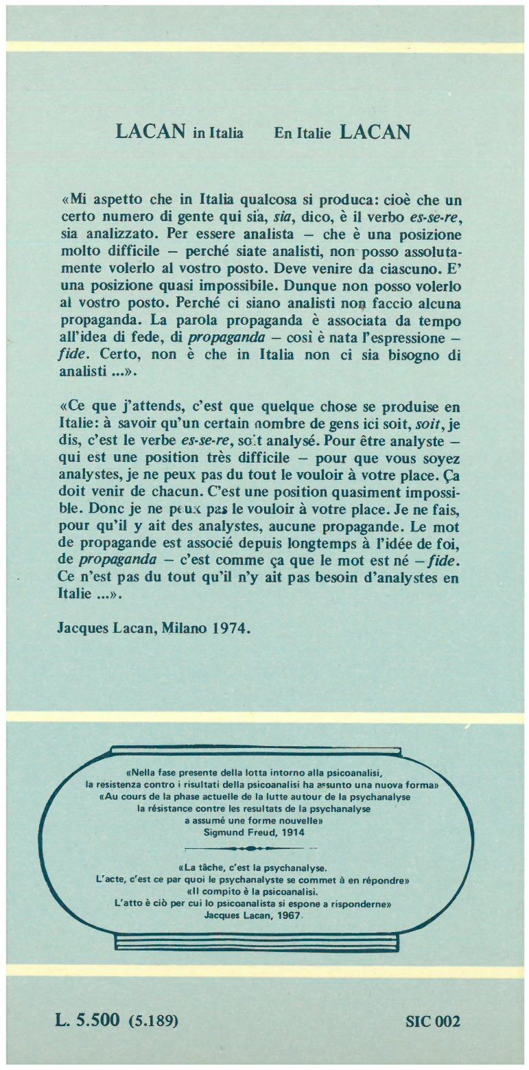 Lacan J.- LACAN IN ITALIA 1953 - 1978 EN ITALIE LACAN. Bilingue