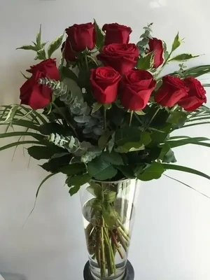 Red Roses with Foliage in Vase