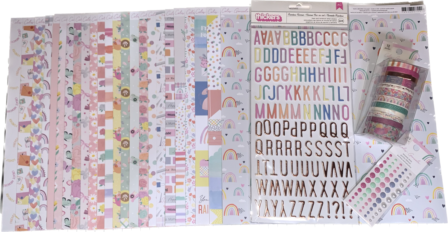 COMBO RAINBOW AVENUE #1 (48 papeles, letras, washi tape y enamel dots)