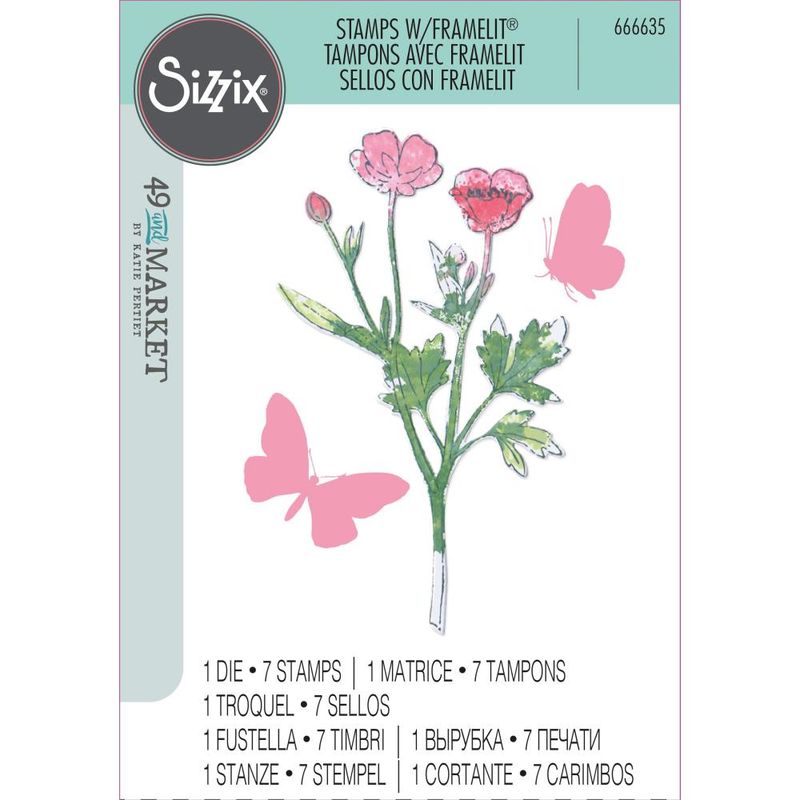 Sizzix Juego De Sellos Transparentes A5, 7 Unidades Con Troqueles Framelits, Lápiz Pintado Botánico De 49 And Market