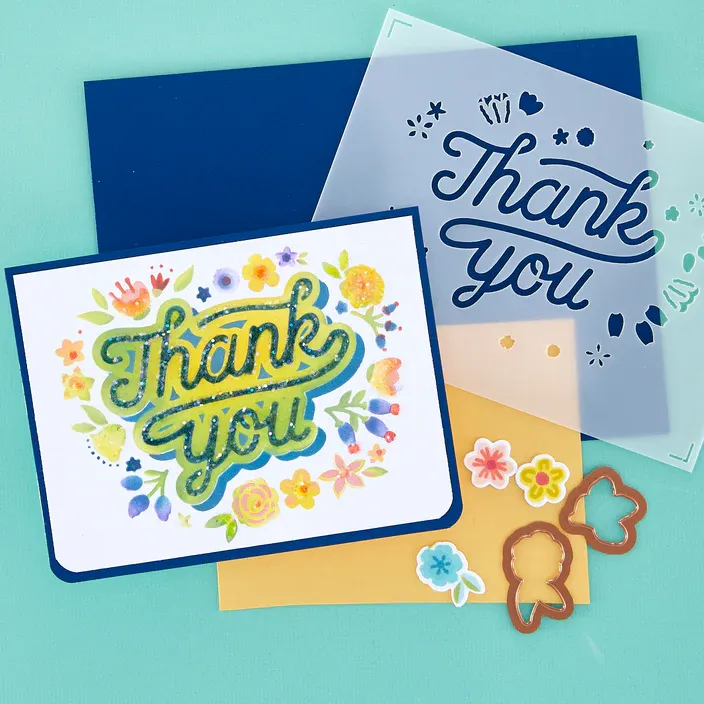 SET DE TROQUELES Y STENCILS &quot;THANK YOU&quot;