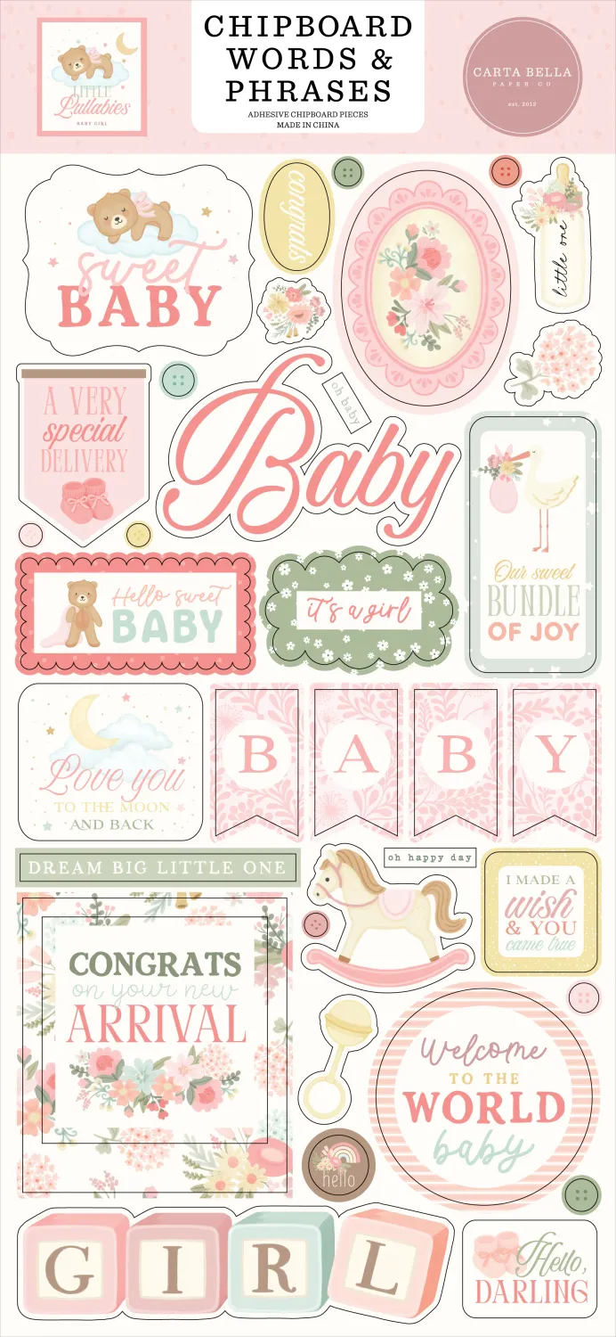 CHIPBOARD WORD &amp; PHRASES LULLABIES BABY GIRL