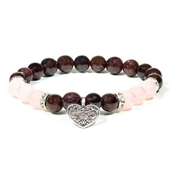 Rose Quartz and Garnet with heart bracelet