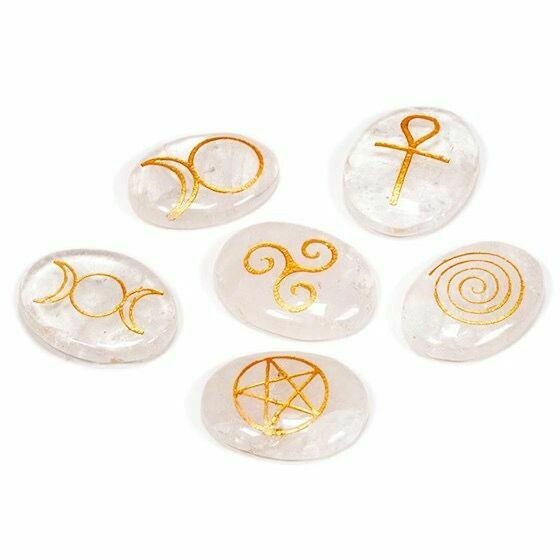 Wicca Palm/Worry Stones engraved in beautiful Clear Quartz Set of 6