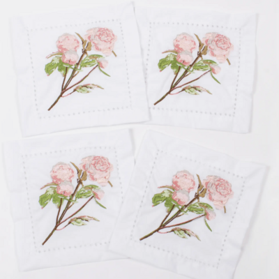 Peonies Embroidered Cocktail Napkin Set