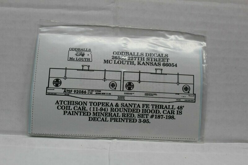 A T S F (Santa Fe) 48' Coil Car Decal set ODDBALLS