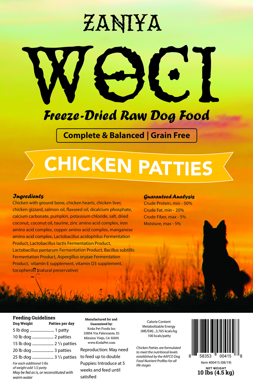 Zaniya Woci Chicken Patties 10lb Dog Food Bag Zaniya Woci Chicken Patties 10lb Dog Food Bag
