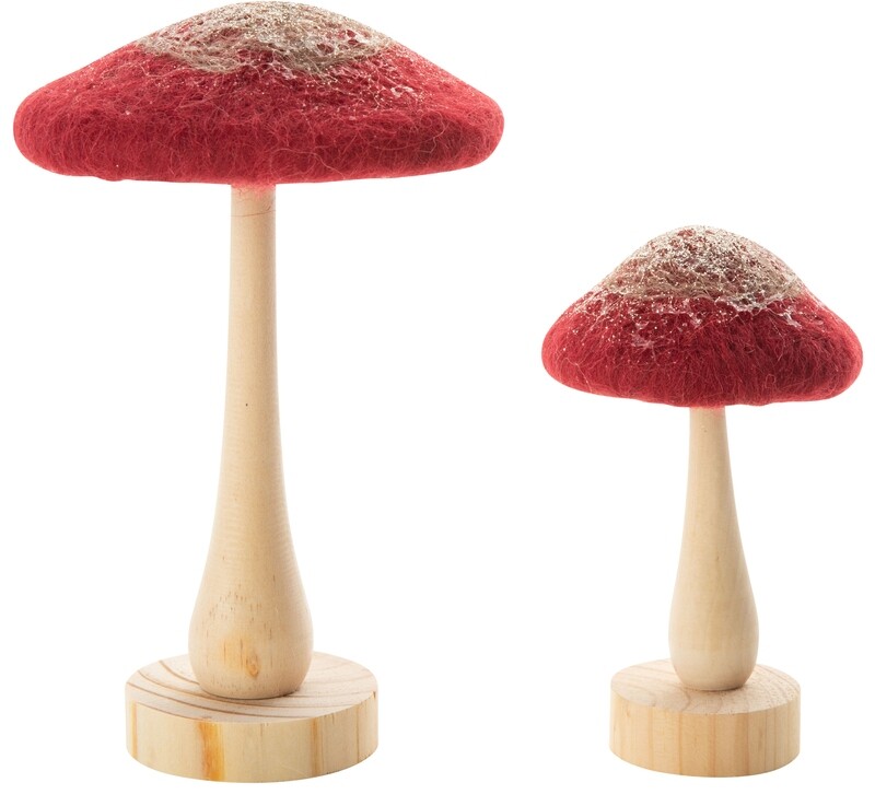 Set of 2 felt and wood mushroom table pieces with glitter trim, 7.5 in  12            