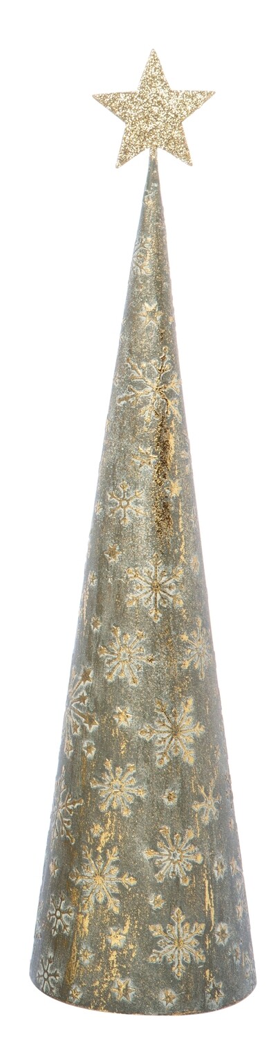 Embossed metal cone tree, verdigris finish with snowflakes and gold glitter accents, gold glitter star top 15.5 in  2            