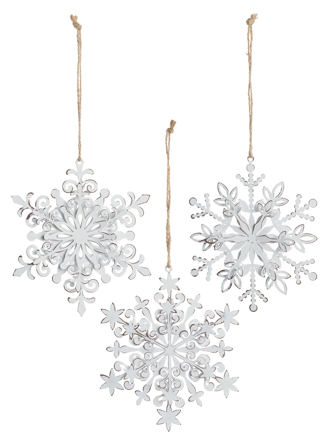 3 Asst&#39;d glittered metal 3D snowflake ornaments, antique white, 4.5 in  12      