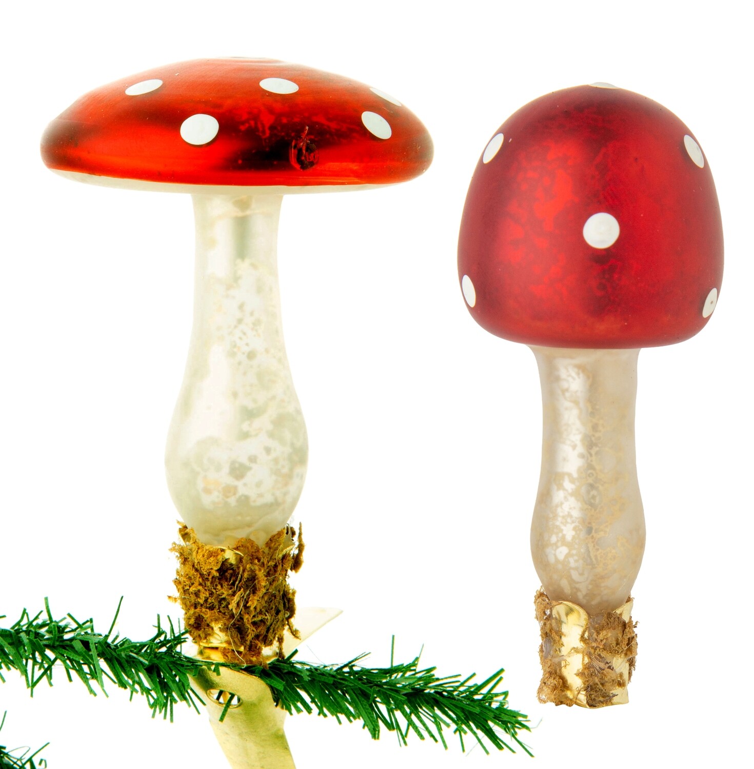 2 Asst&#39;d antique glass clip on mushroom ornament, 3.75+4 in  12      