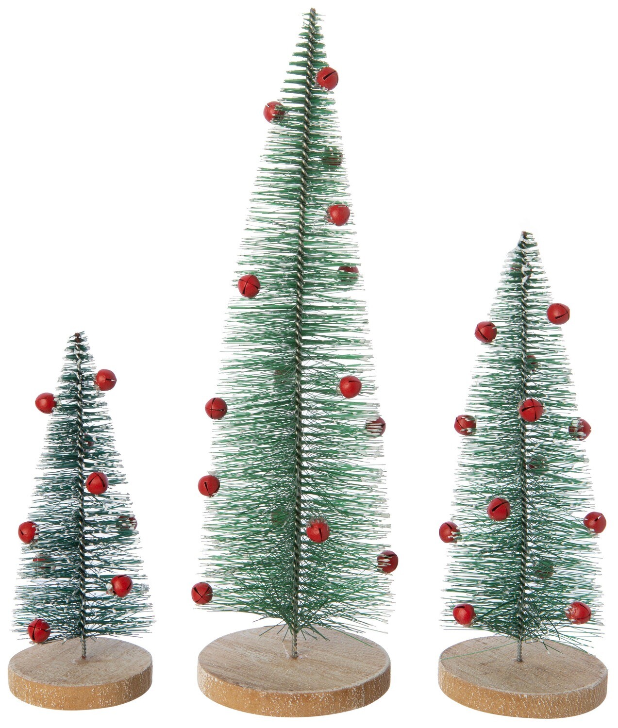 Set of 3 green bristle trees with red metal jingle bells, 5+7+10 in  6      