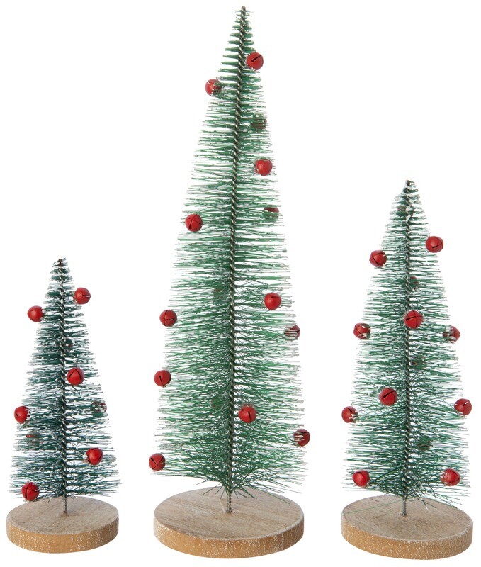 Set of 3 green bristle trees with red metal jingle bells, 5+7+10 in  6      