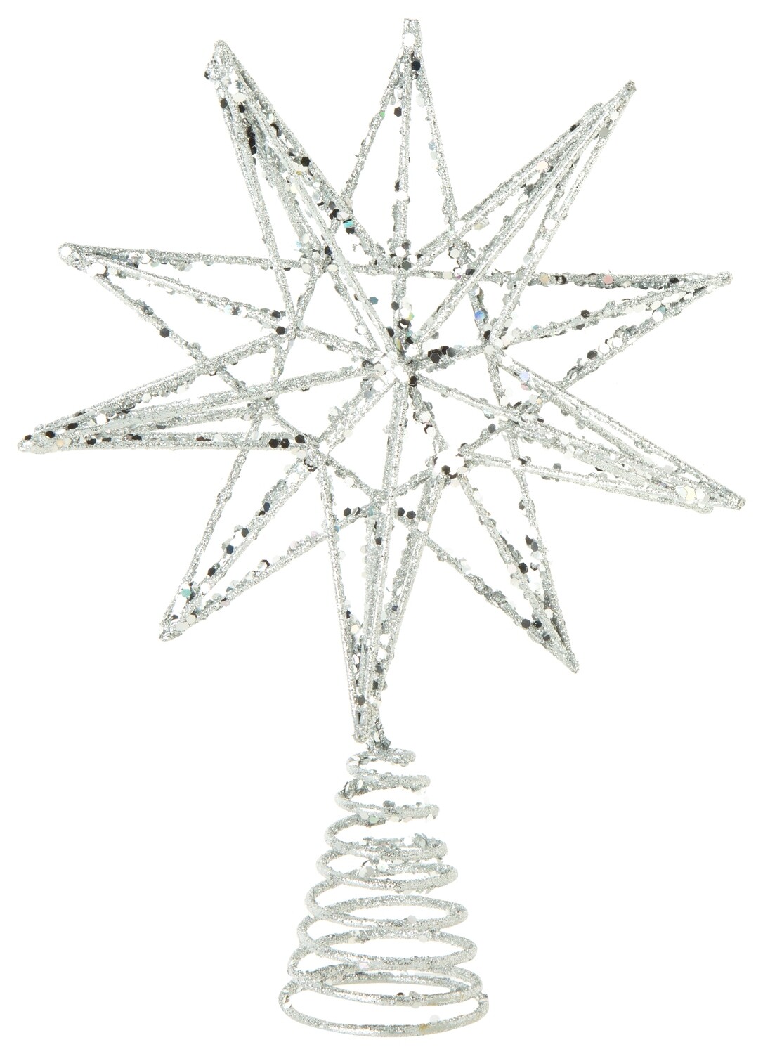 Silver glittered metal tree topper 3D star, 9 in  6      