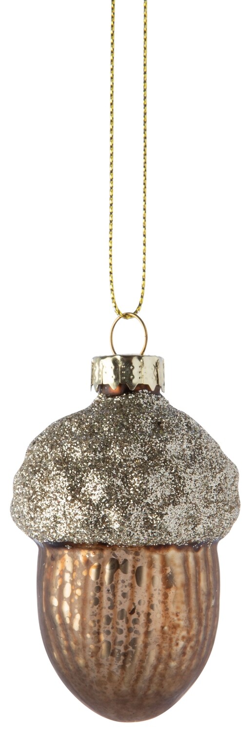 Glass acorn ornament, matte brown with glitter top, 2.5 in  12      