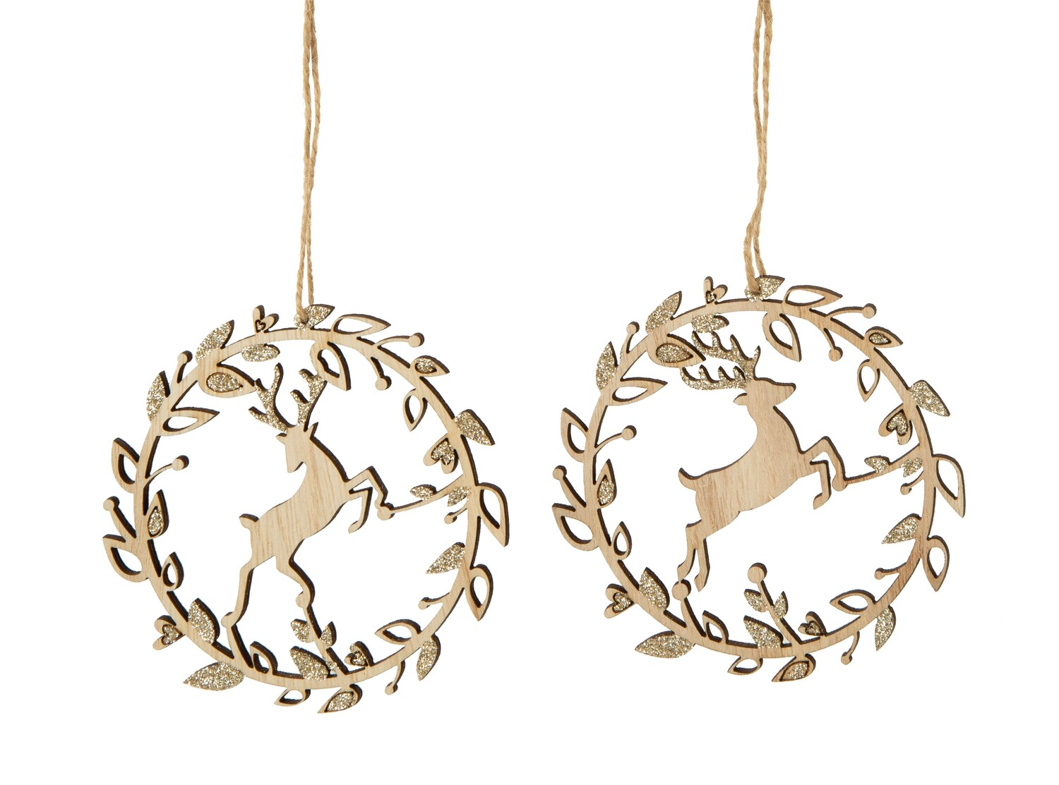 2 Asst&#39;d laser cut wood ornaments, stag scene with champagne glitter finish, 4 in  24            