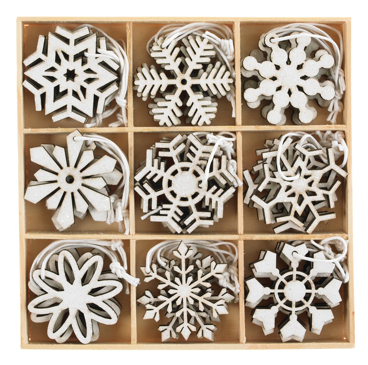 Set of 36 glittered and painted mini snowflake ornaments, wood box, 1.5 in  12            