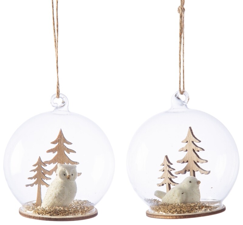 2 Asst&#39;d flock owl &amp; bird in dome ornaments, chunky champagne gold glitter, 3.5 in  12      