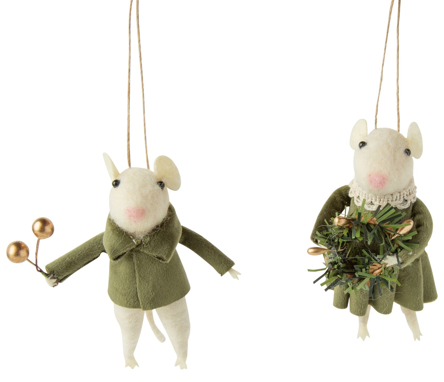 2 Asst'd felt mouse ornaments, cream with green velvet clothes, 4 in  12      