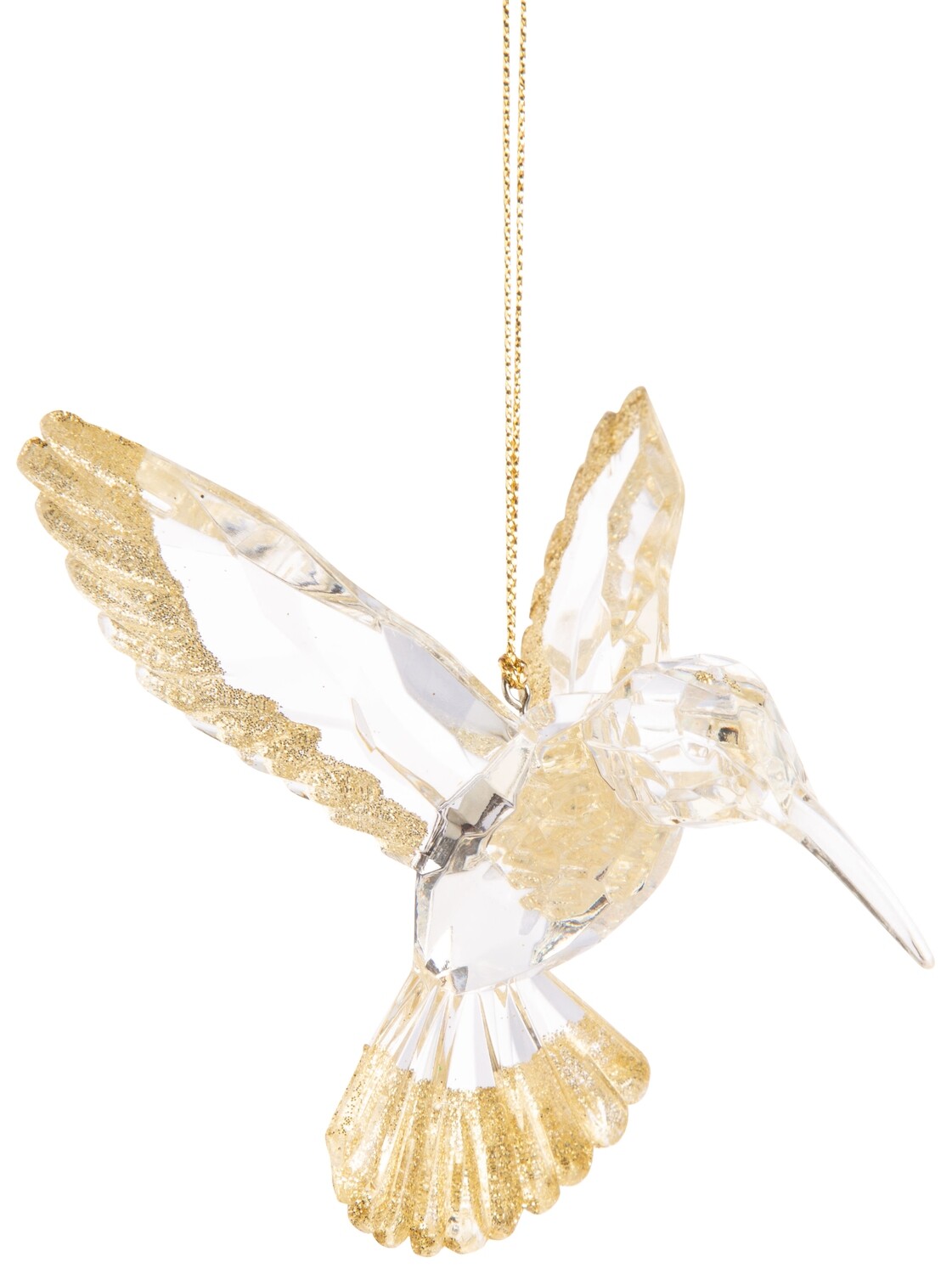 Acrylic hummingbird ornament, clear with light gold glitter trim, 4 in  12 -Z08 -25NP -S04/25