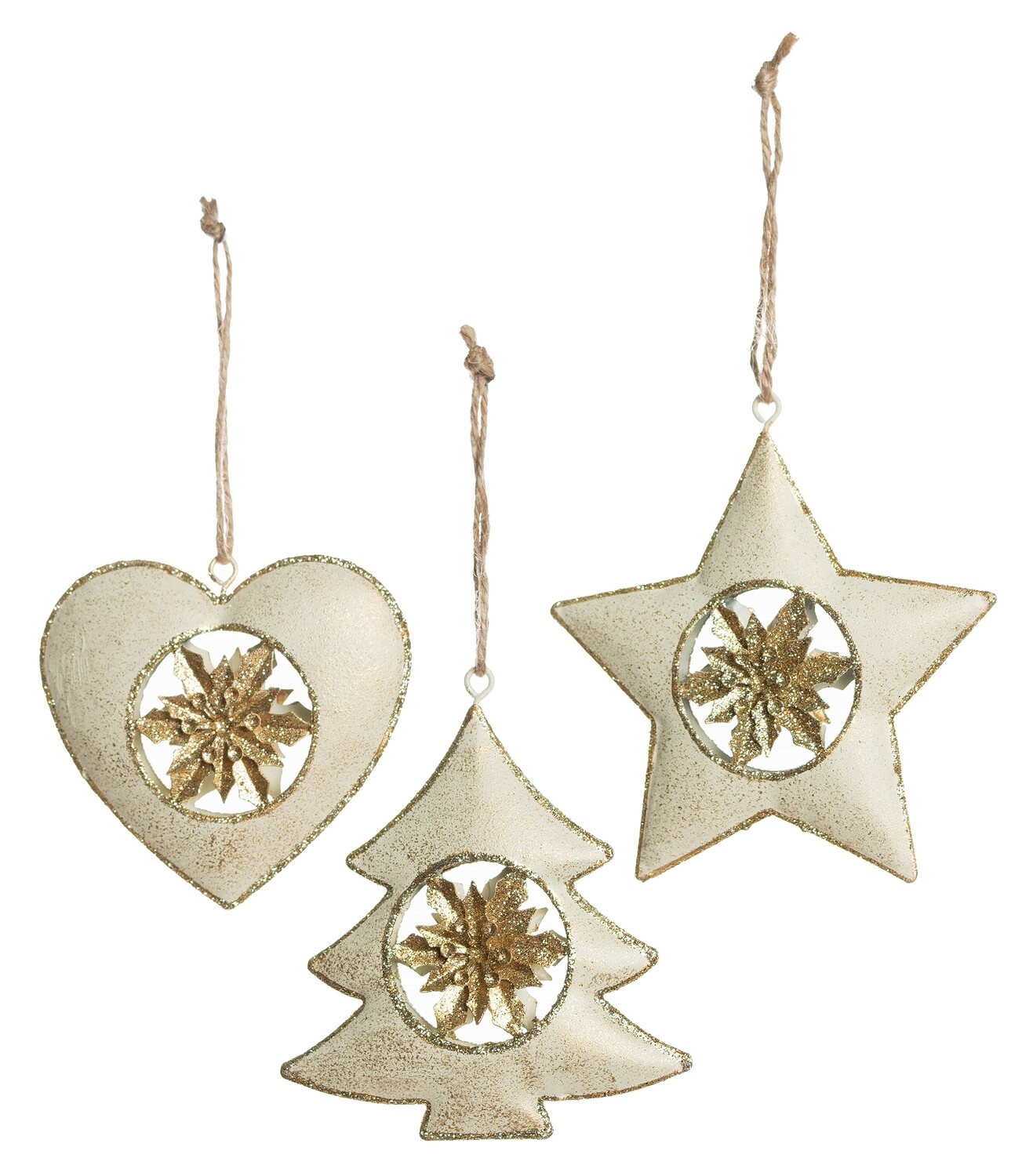 3 Asst&#39;d painted metal tree/star/heart ornament with gold poinsettia insert gold glitter trim, 3.75 in  12      