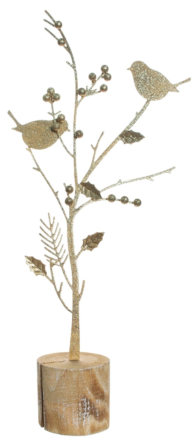 Metal tree with bird silhouette on wood base, gold glitter finish, lrg, 16 in  4            